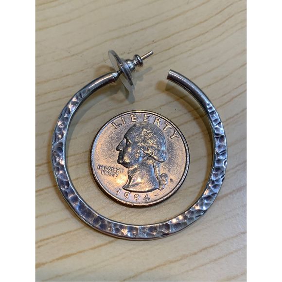 .925 Sterling Silver Hammered Hoop Earrings #classic - Picture 2 of 6